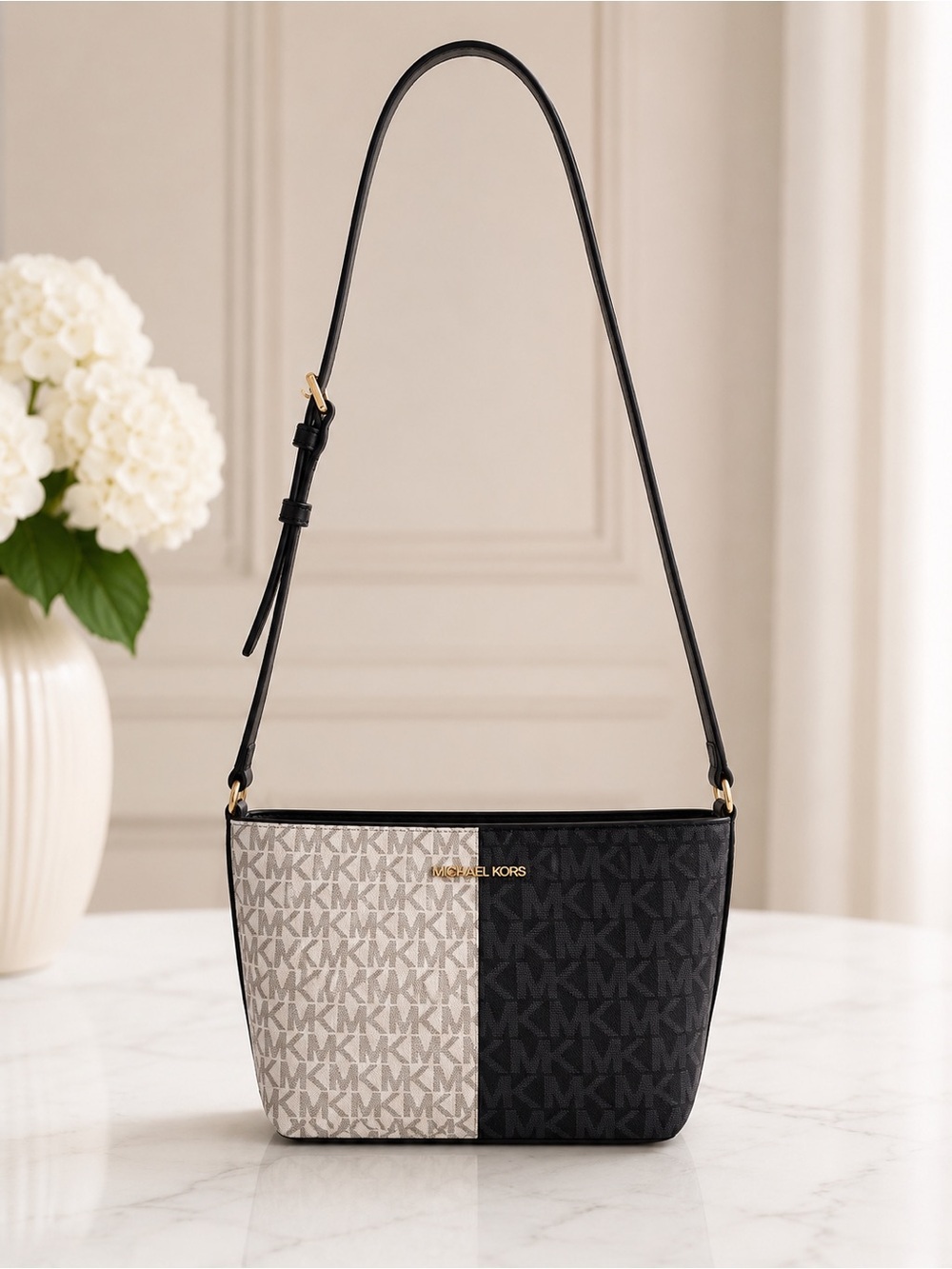 Michael Kors Jet Set Black Cream MK Signature Logo Shoulder Crossbody Bag - Picture 5 of 13